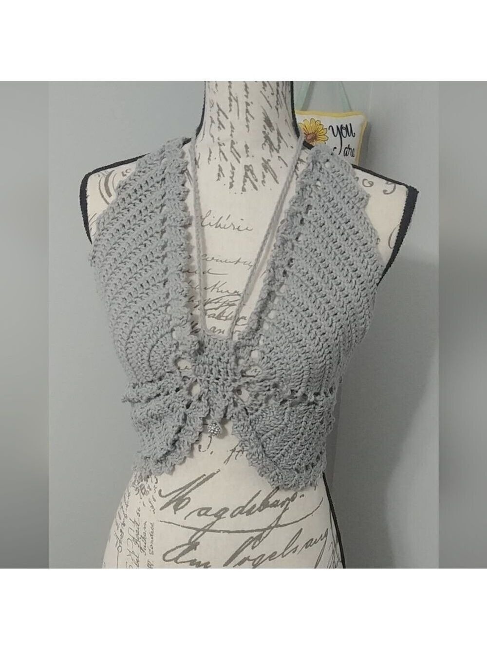 Handmade Crocheted Butterfly Festival Crop Top 100% Cotton Grey w beads 34-36B-C